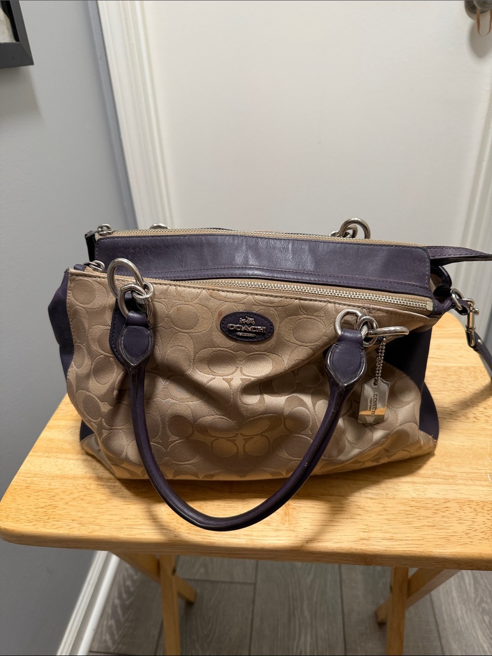 Coach Tan and Purple Logo Tote with Leather Trim